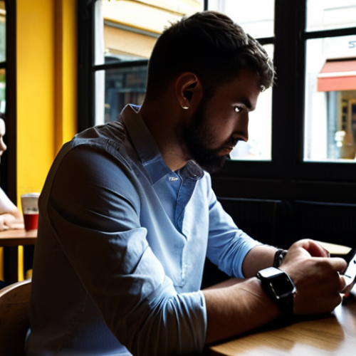 **Image Prompt:** A person sitting at a cafe, using a smartwatch while connected to public Wi-Fi. In the background, shadowy figures represent hackers trying to intercept their data. The scene is brightly lit but has a sense of unease. Focus on conveying the vulnerability of using unsecured public Wi-Fi with smart devices.