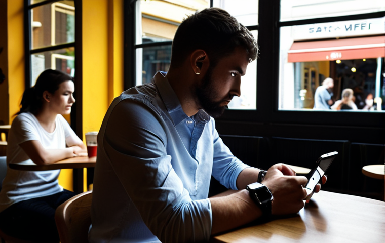 **Image Prompt:** A person sitting at a cafe, using a smartwatch while connected to public Wi-Fi. In the background, shadowy figures represent hackers trying to intercept their data. The scene is brightly lit but has a sense of unease. Focus on conveying the vulnerability of using unsecured public Wi-Fi with smart devices.