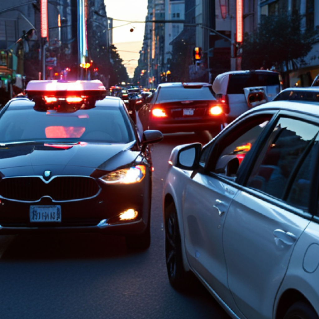 **Prompt:** A self-driving car swerving violently to avoid a phantom obstacle, created by a hacker spoofing LiDAR data. The scene is a busy city street at dusk, with blurred pedestrians and other vehicles in the background. Focus on the car's malfunctioning sensors and the driver's terrified expression. Dramatic lighting and a sense of imminent danger.