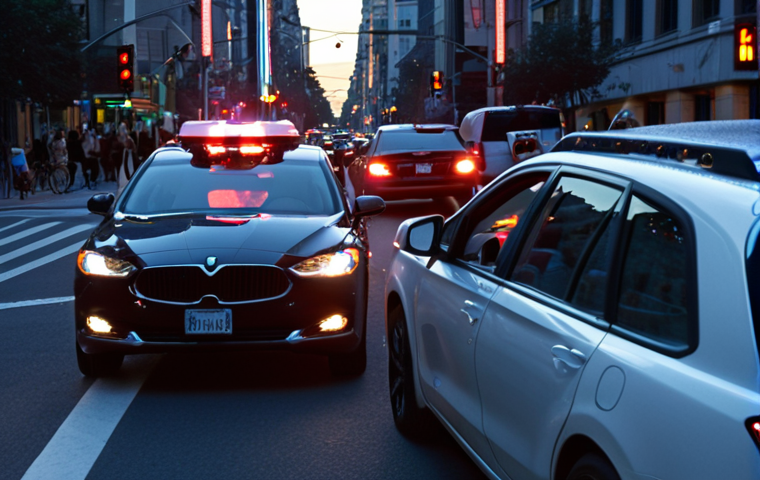 **Prompt:** A self-driving car swerving violently to avoid a phantom obstacle, created by a hacker spoofing LiDAR data. The scene is a busy city street at dusk, with blurred pedestrians and other vehicles in the background. Focus on the car's malfunctioning sensors and the driver's terrified expression. Dramatic lighting and a sense of imminent danger.