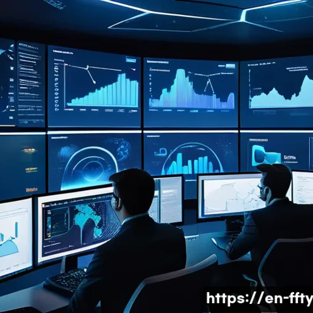 AI를 활용한 사이버 보안 분석 - A high-tech cybersecurity operations center with diverse analysts monitoring multiple large digital ...