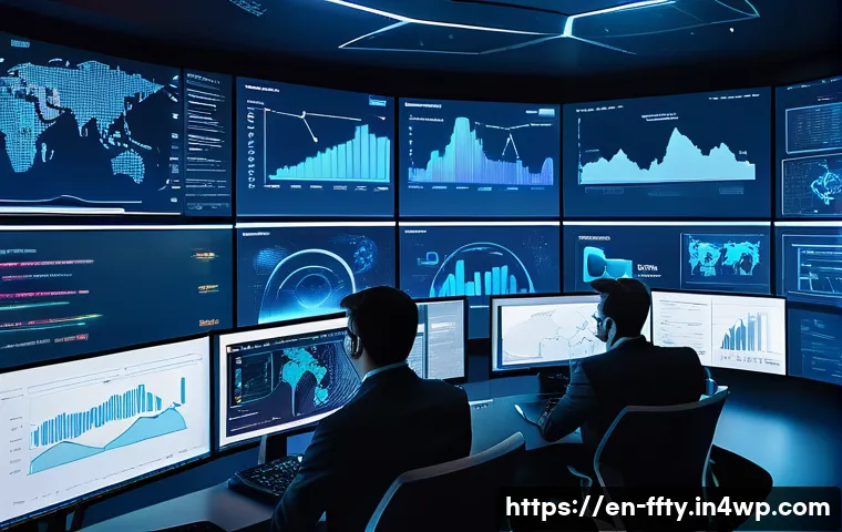 AI를 활용한 사이버 보안 분석 - A high-tech cybersecurity operations center with diverse analysts monitoring multiple large digital ...