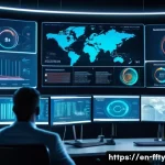 디지털 변환의 보안 과제 - A futuristic corporate office environment showing a diverse team of cybersecurity professionals moni...