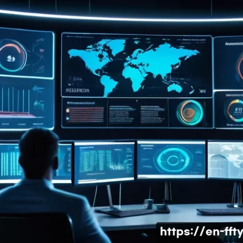 디지털 변환의 보안 과제 - A futuristic corporate office environment showing a diverse team of cybersecurity professionals moni...