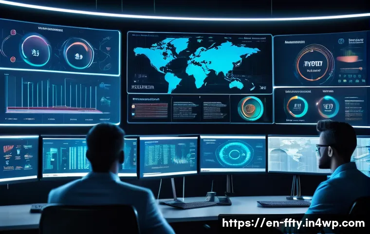 디지털 변환의 보안 과제 - A futuristic corporate office environment showing a diverse team of cybersecurity professionals moni...