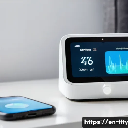 스마트 헬스케어 기기의 보안 - A modern smart healthcare device setup on a sleek white bedside table, featuring a fitness tracker, ...
