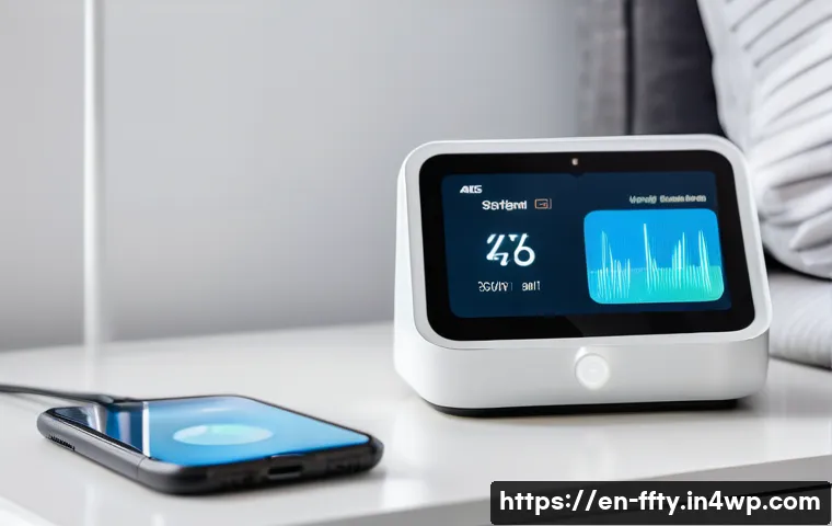 스마트 헬스케어 기기의 보안 - A modern smart healthcare device setup on a sleek white bedside table, featuring a fitness tracker, ...