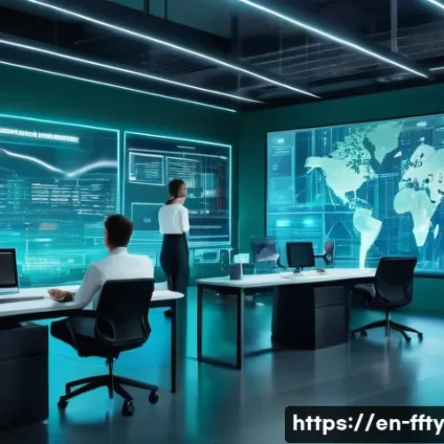 이머징 기술 보안 정책의 필요성 - A futuristic corporate office environment showcasing a diverse team of cybersecurity professionals c...