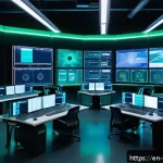 스마트 제조의 보안 솔루션 - A highly detailed industrial smart factory control room showcasing segmented network architecture: m...