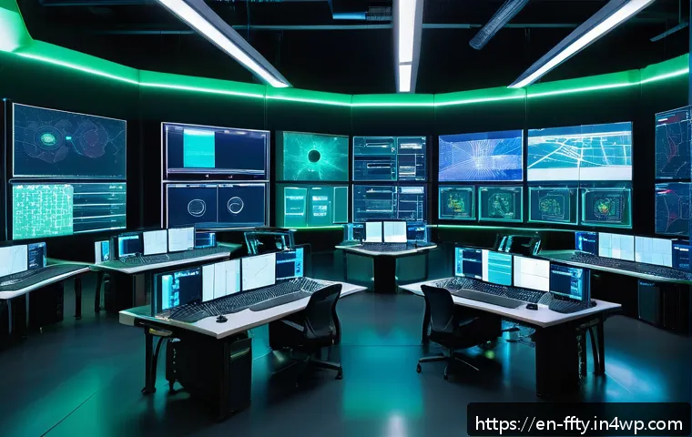 스마트 제조의 보안 솔루션 - A highly detailed industrial smart factory control room showcasing segmented network architecture: m...