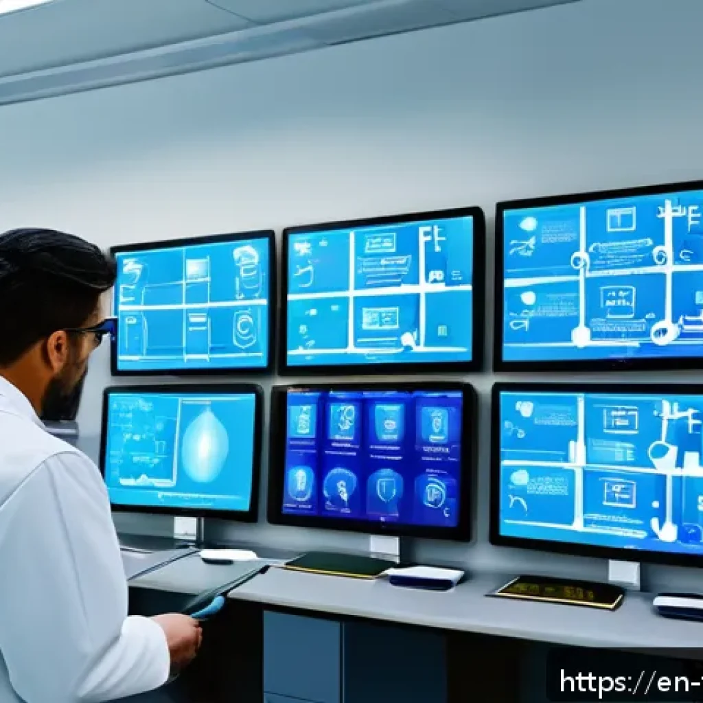 IoT 기반 헬스케어 보안 대책 - A modern hospital control room showcasing multiple healthcare IoT devices such as patient monitors, ...