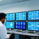 IoT 기반 헬스케어 보안 대책 - A modern hospital control room showcasing multiple healthcare IoT devices such as patient monitors, ...