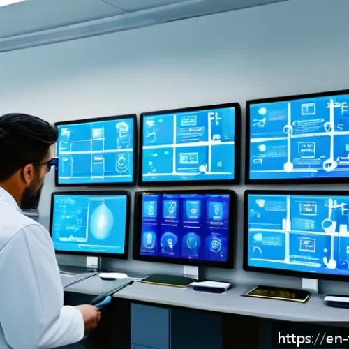 IoT 기반 헬스케어 보안 대책 - A modern hospital control room showcasing multiple healthcare IoT devices such as patient monitors, ...