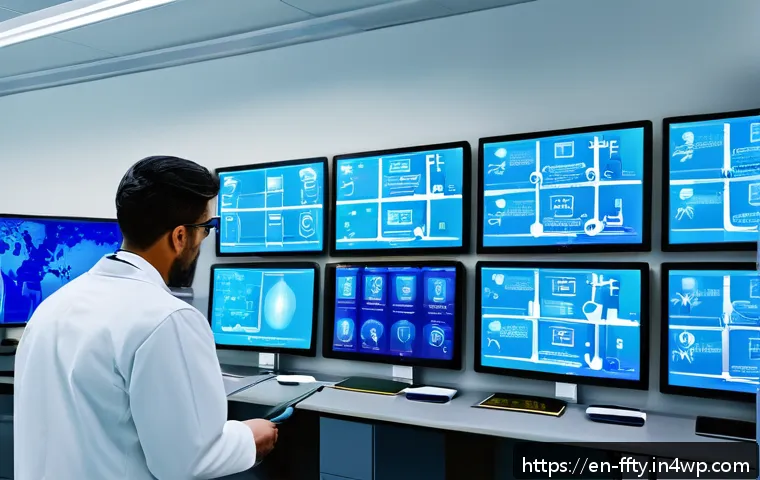 IoT 기반 헬스케어 보안 대책 - A modern hospital control room showcasing multiple healthcare IoT devices such as patient monitors, ...