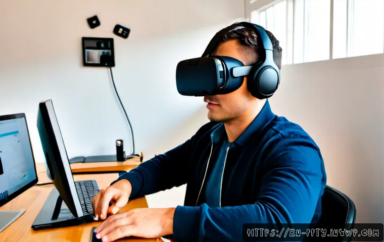 Home 17 가상현실 VR 기술의 보안 대책 - Photorealistic home office scene showing a person wearing a modern VR headset and holding controller...